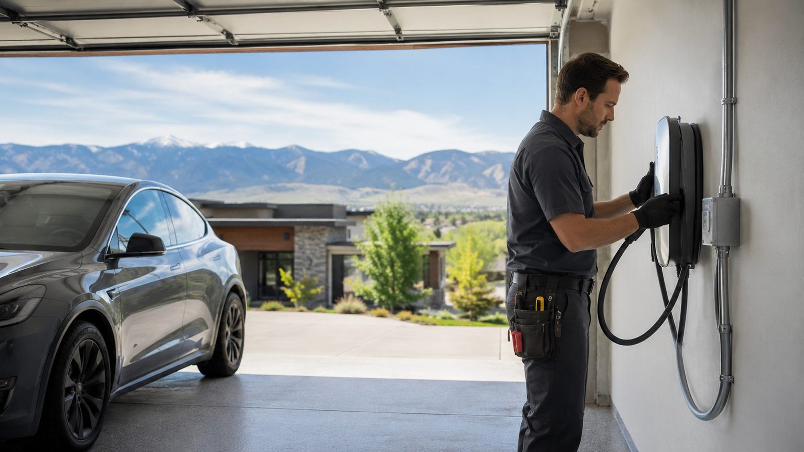 Electrician installing a home EV charger in a Denver-area garage