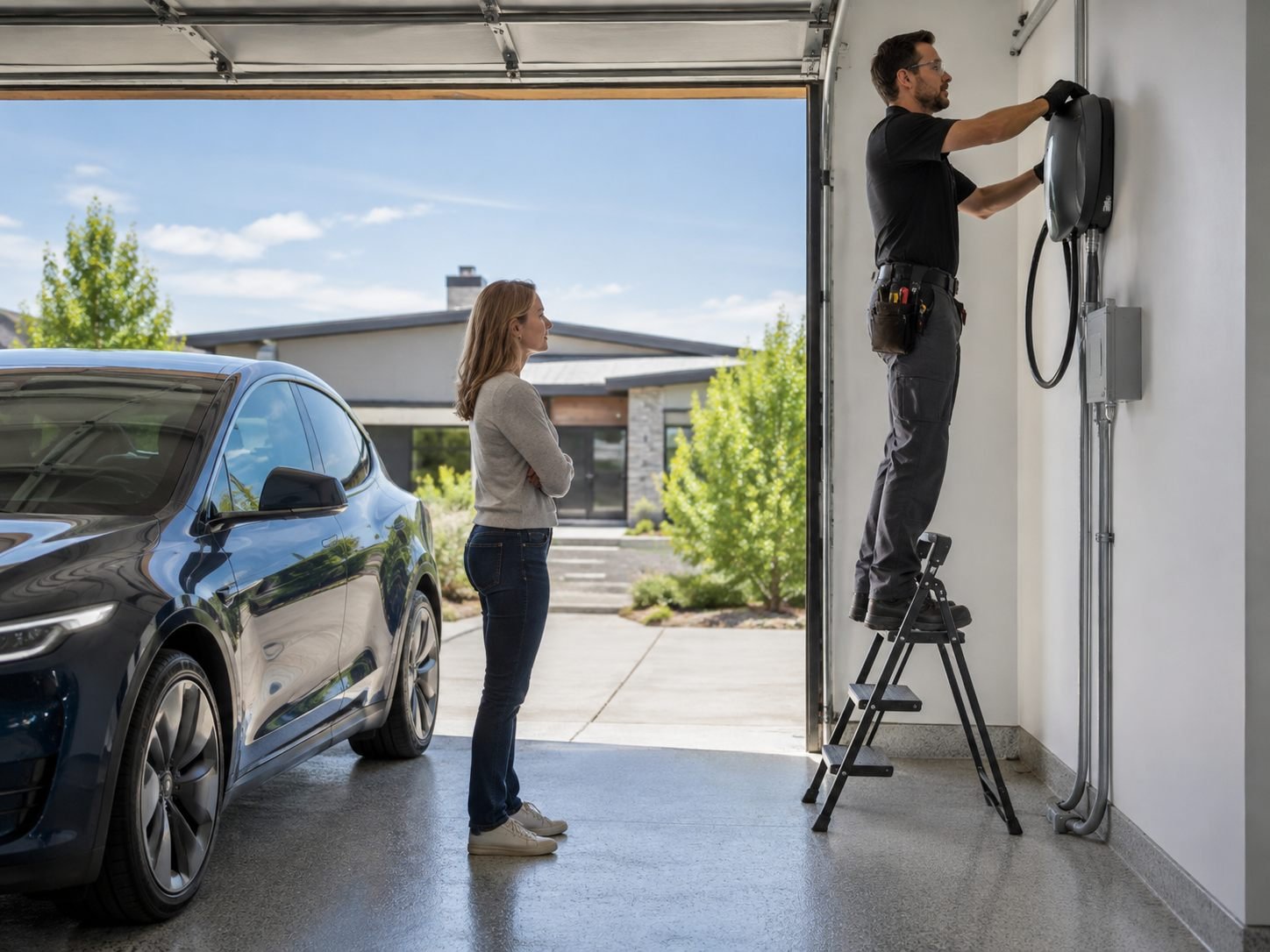 Electrician installing a home EV charger on a ladder while the homeowner watches
