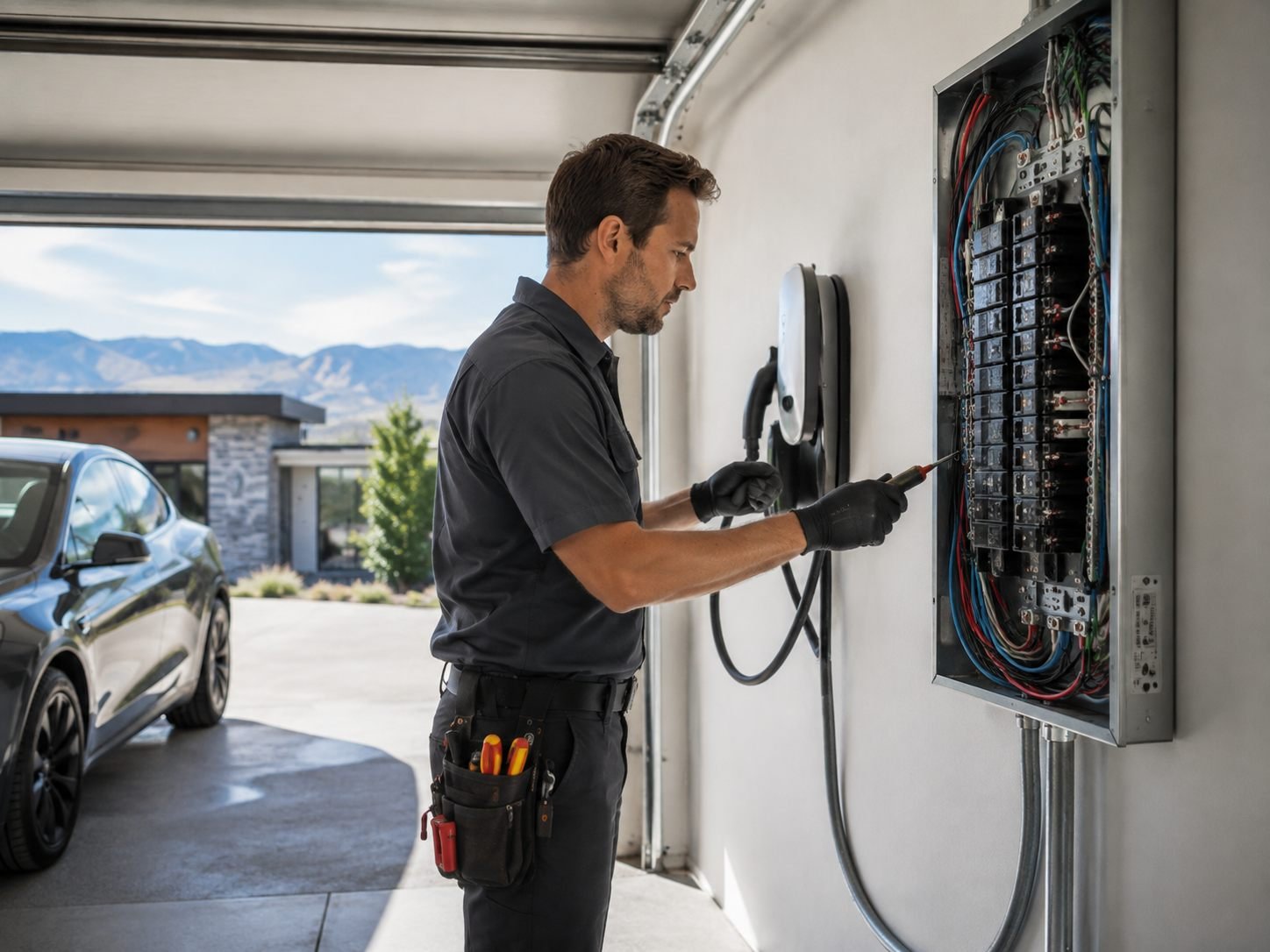 Electrician working inside an open electrical panel during an EV charger installation