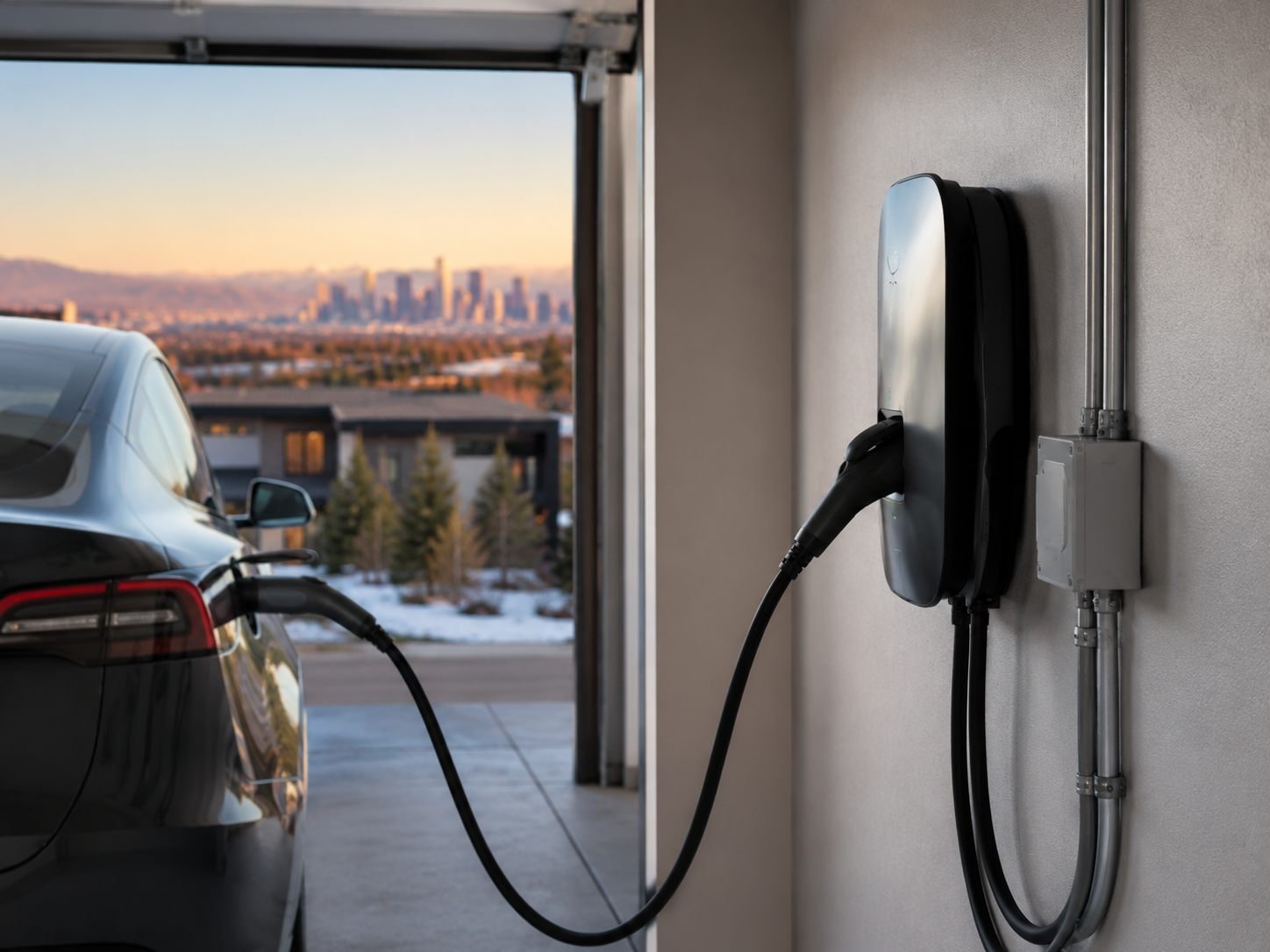 EV charging at a Denver home with the city skyline visible at dusk