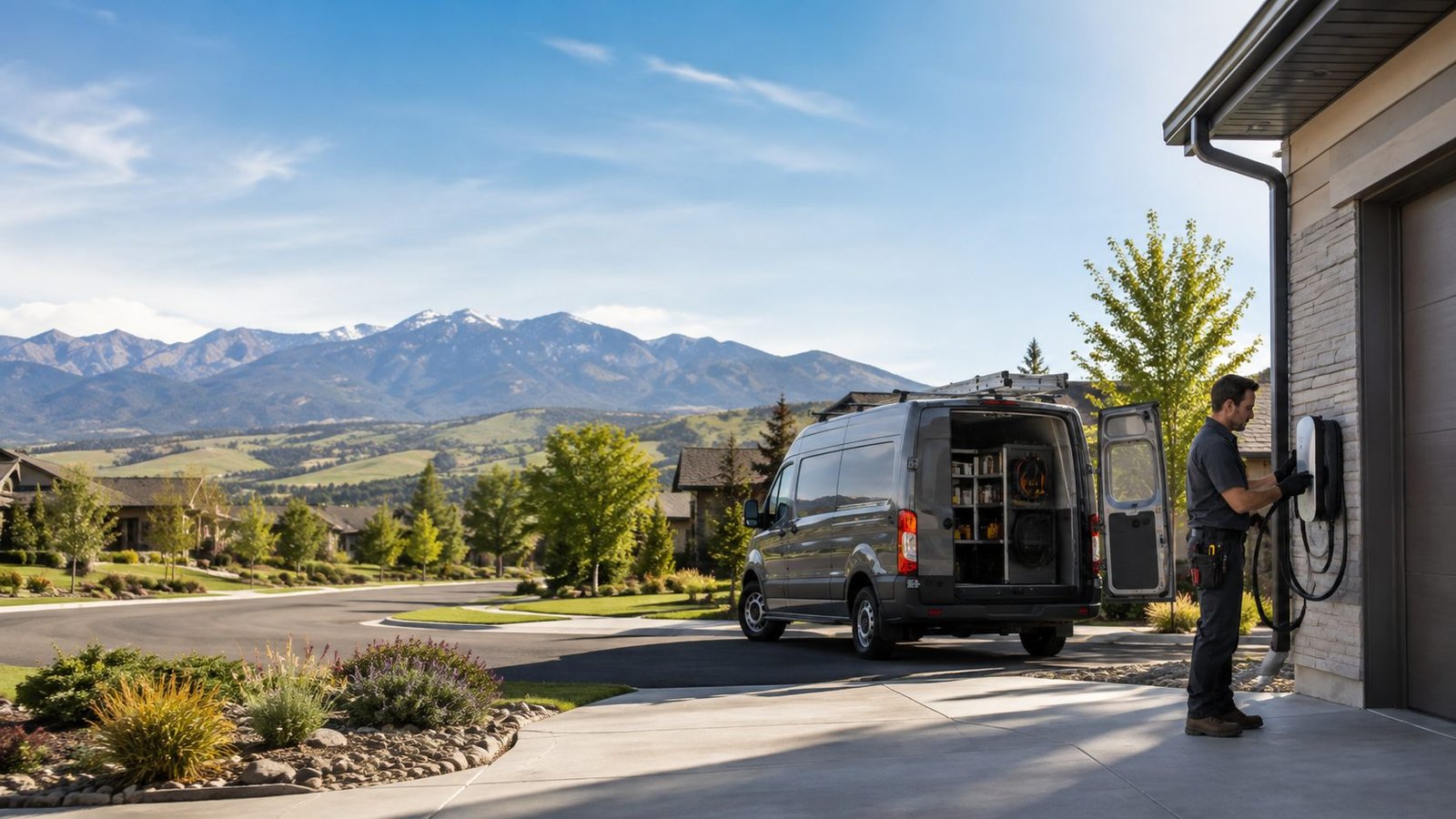 Electrician installing an EV charger with the Rocky Mountains in the background