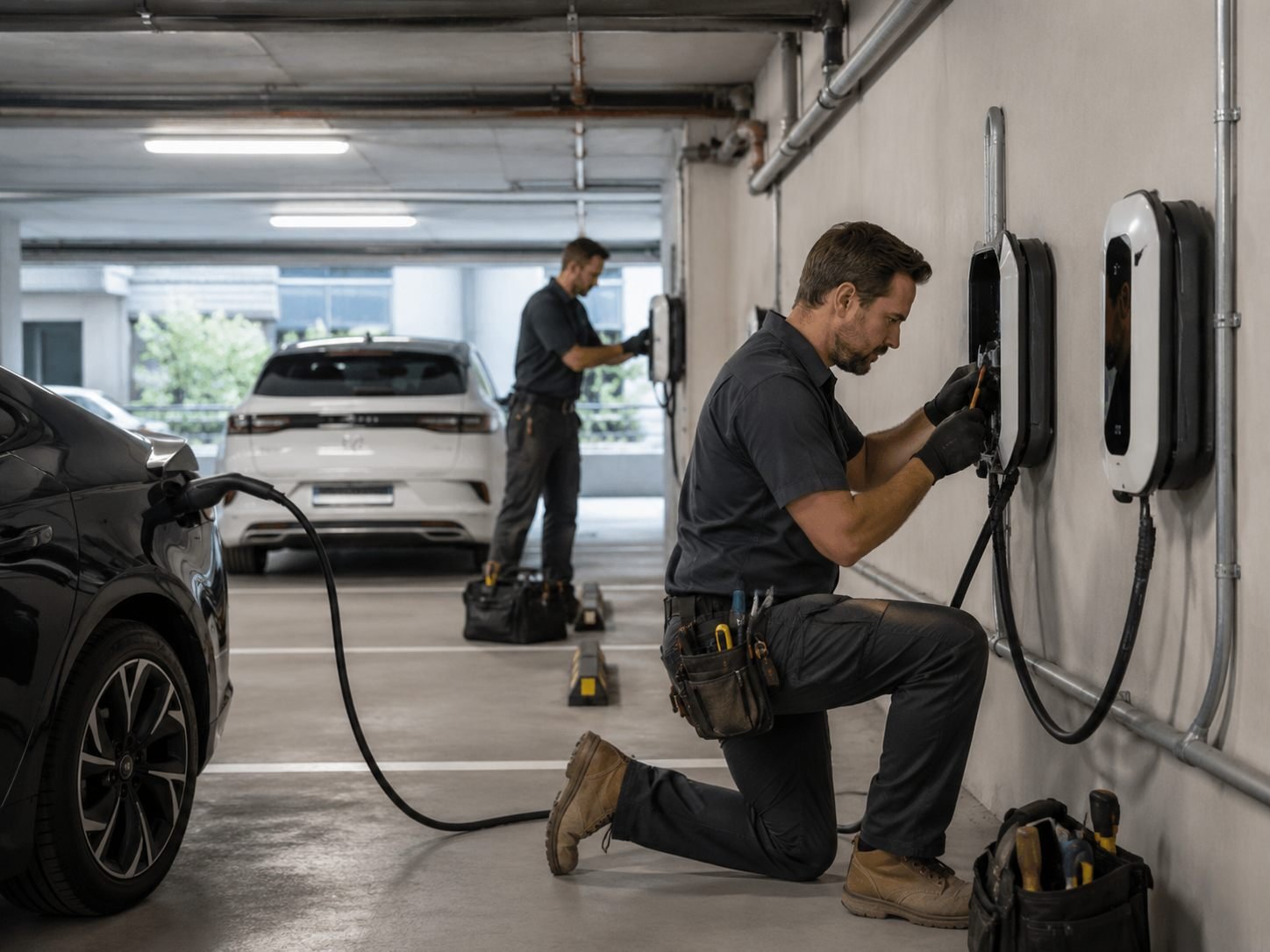 Electricians installing EV charging stations in a multifamily parking garage