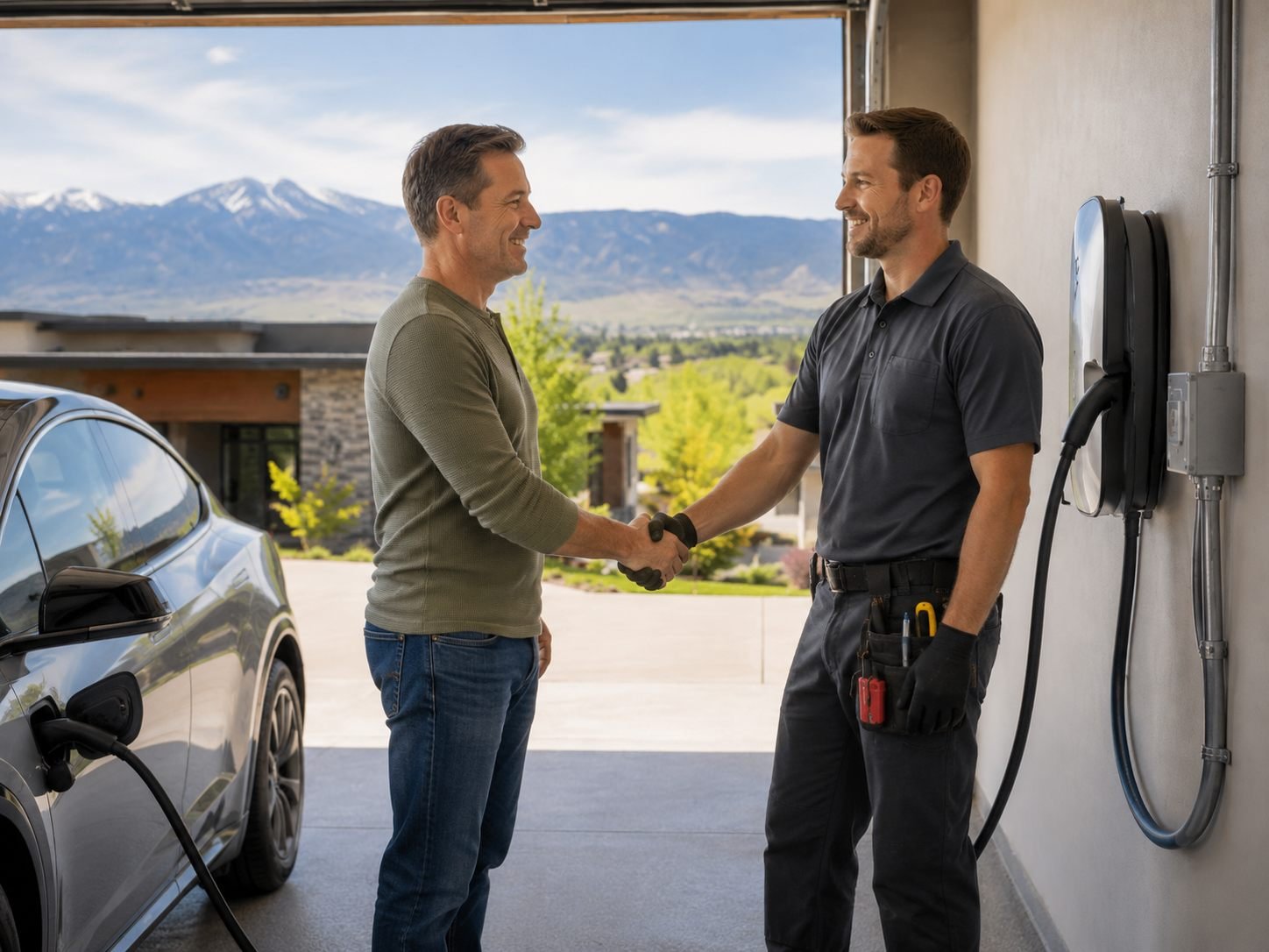 Electrician and homeowner shaking hands after a completed EV charger installation