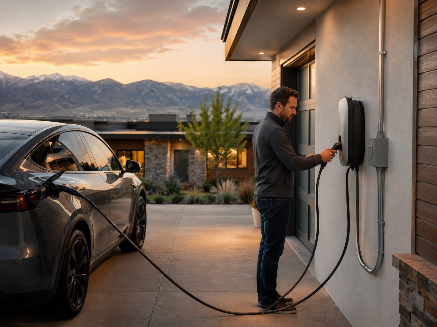 Homeowner plugging in an EV charger at home in the evening